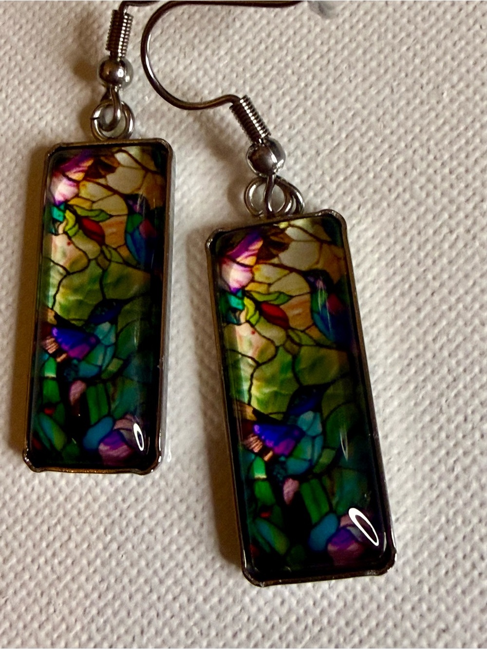 Hummingbird Multicolor Stained Glass Rectangle Drop Earrings - Women Jewelry